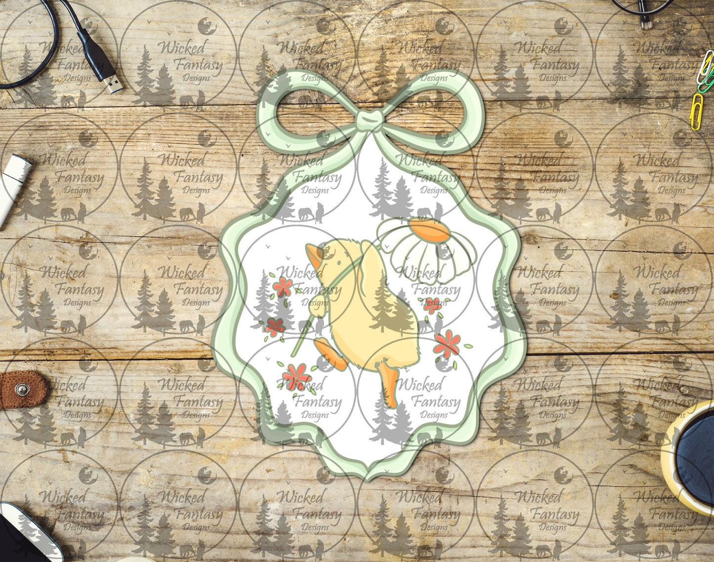 UVDTF Cute Chick with Flower Bow Frame