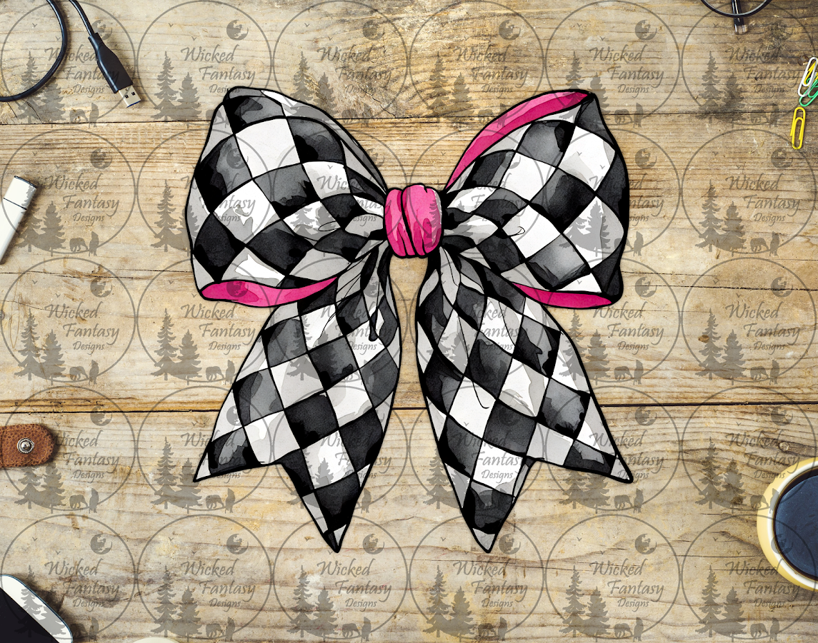 UVDTF Checkered Bow with Pink Inside