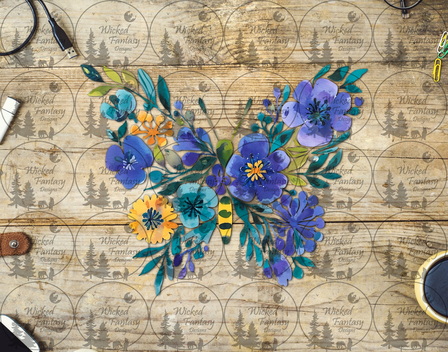 UVDTF Periwinkle Teal and Yellow Floral Butterfly