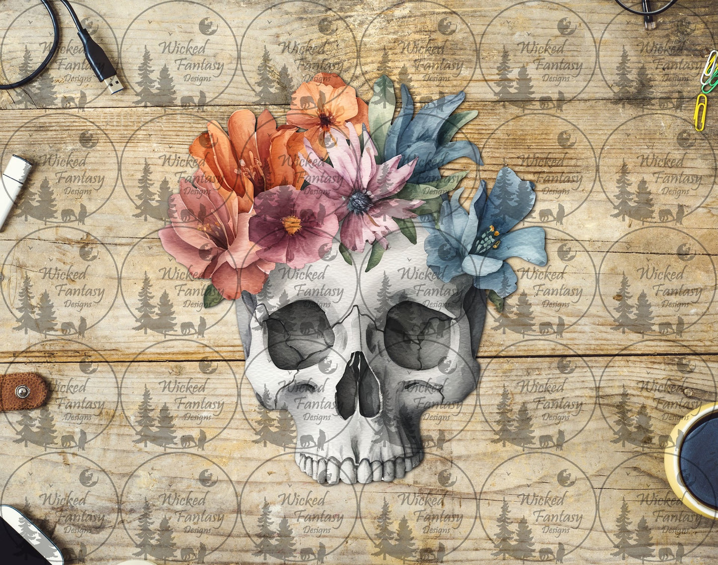 UVDTF Skull with Blue and Orange Florals