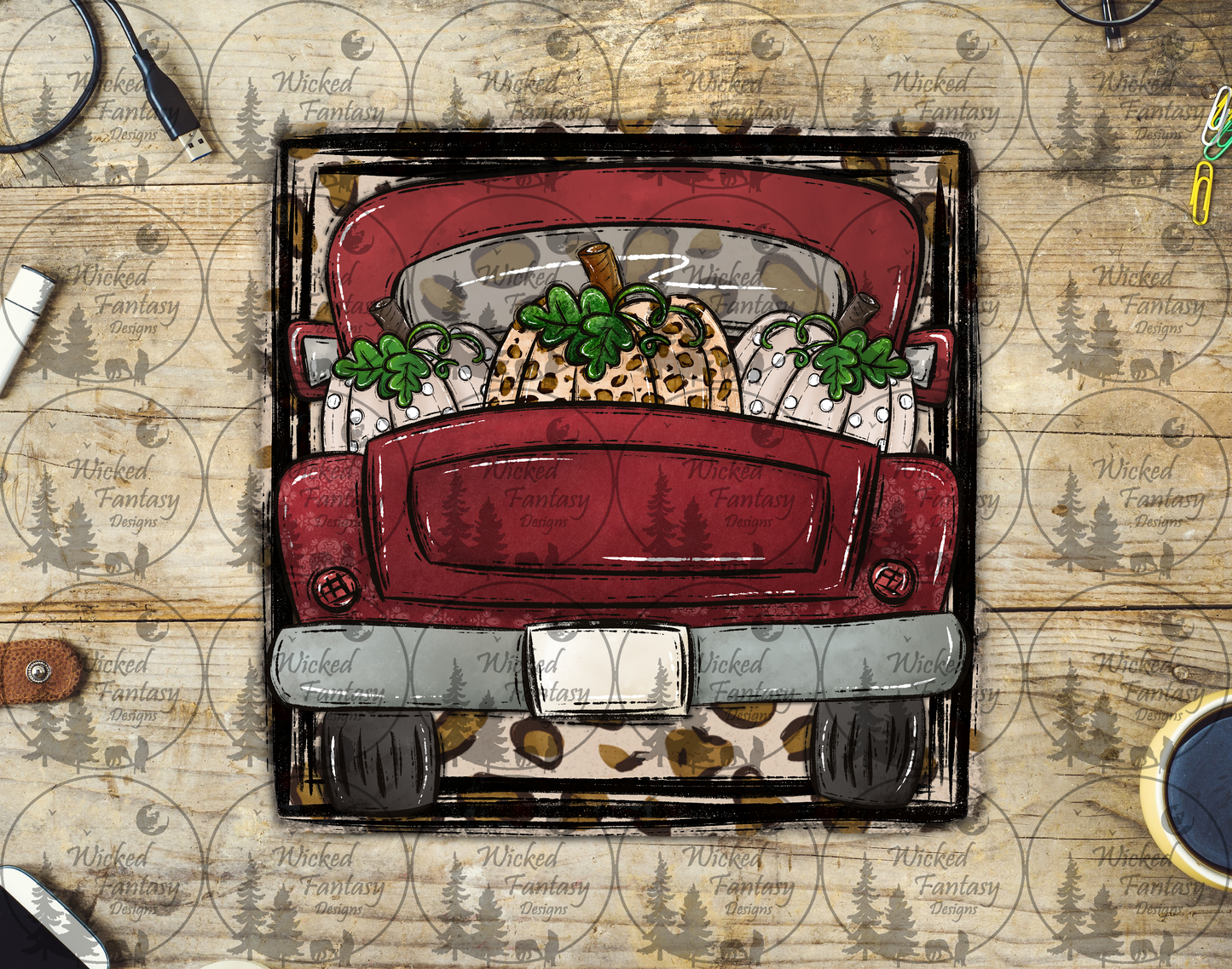 UVDTF Vintage Red Truck with Pumpkins