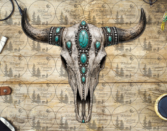 UVDTF Turquoise and Silver Concho Cow Skull