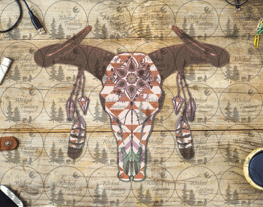 UVDTF Painted Cow Skull with Feathers