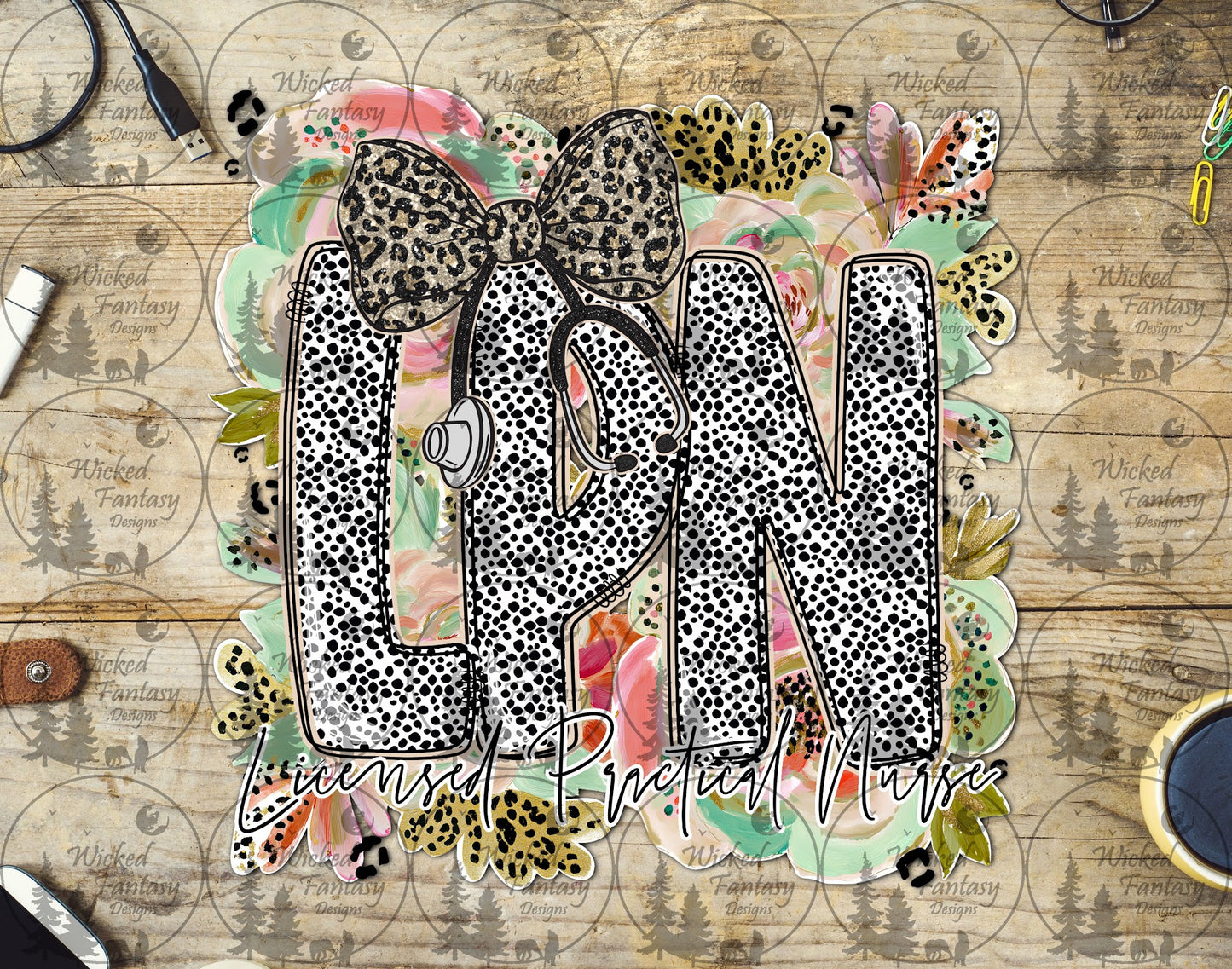 UVDTF Licensed Practical Nurse Floral Dalmatian Dots
