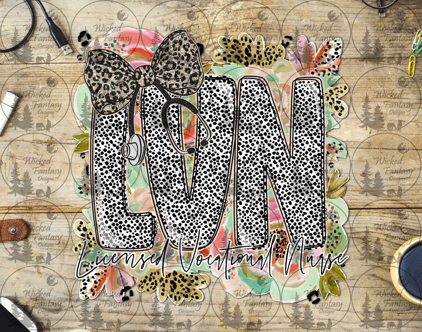 UVDTF Licensed Vocational Nurse Floral Dalmatian Dots