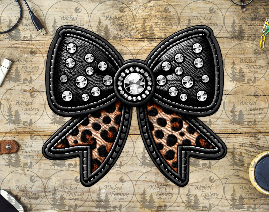 UVDTF Black Bow with Leopard Print Ribbon