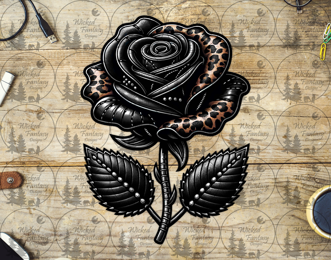 UVDTF Black Rose with Leopard Print Petals