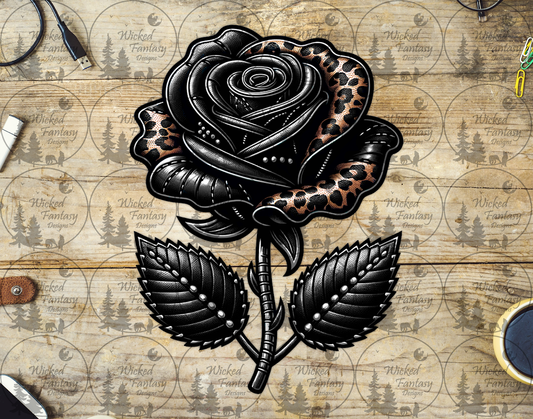 UVDTF Black Rose with Leopard Print Petals