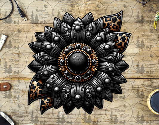 UVDTF Black Sunflower with Leopard Leaves