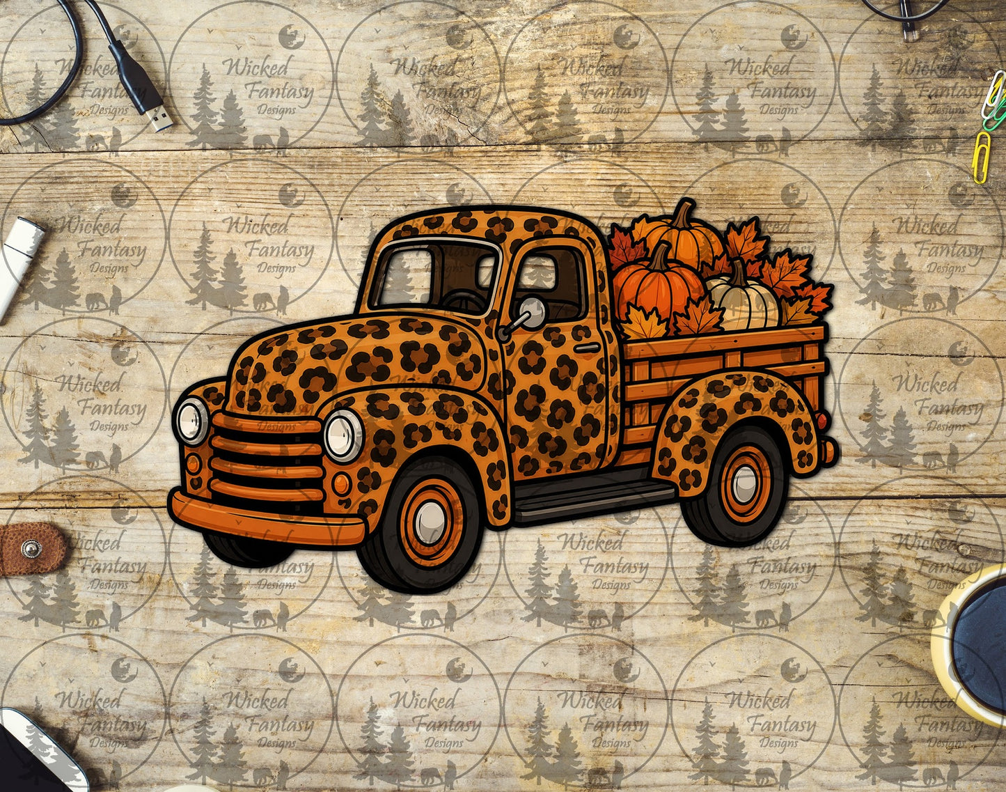 UVDTF Leopard Print Vintage Truck with Pumpkins