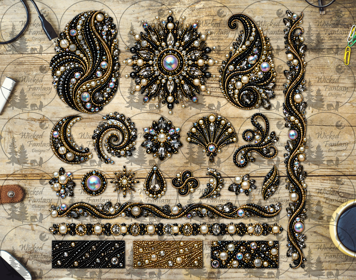 UVDTF Luxurious Black Gold Beadwork Element Sheet