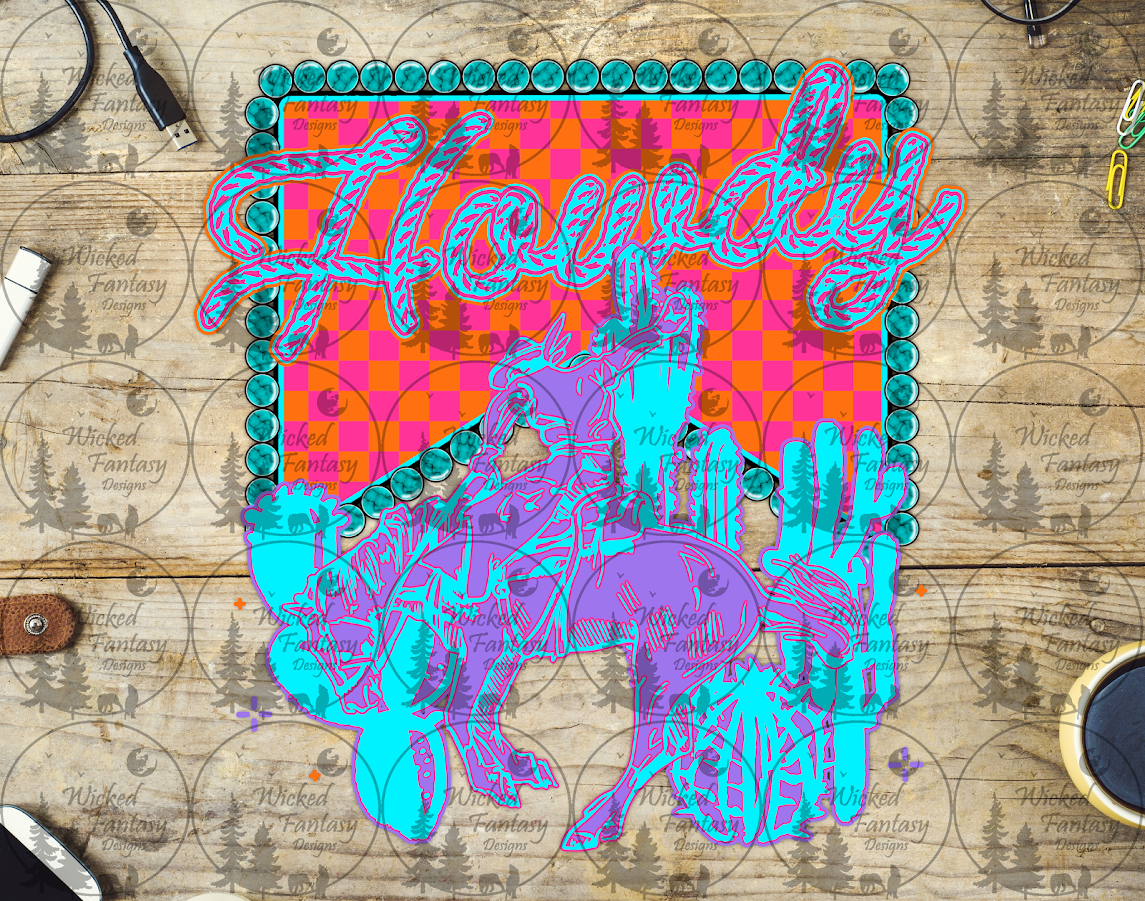 UVDTF Howdy Checkered Background with Aqua and Purple Bucking Horse