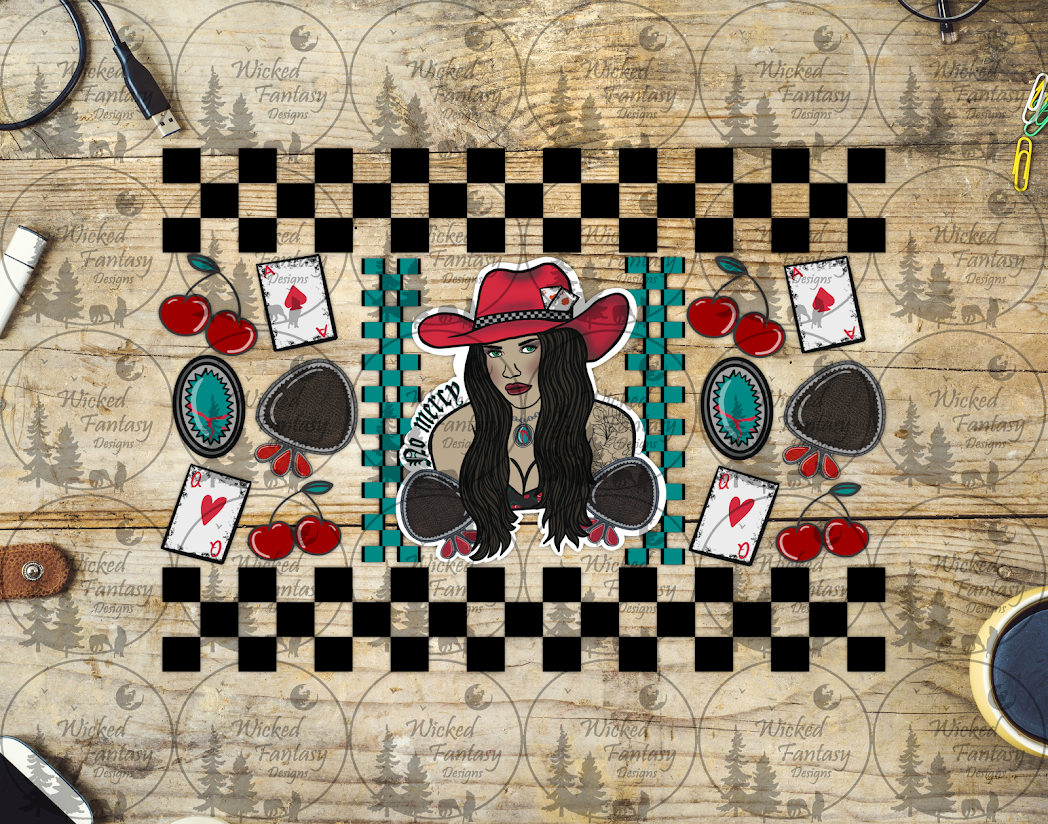 UVDTF No Mercy Cowgirl Checkered 20oz 30oz 10"x10" Element