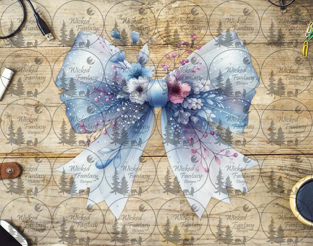 UVDTF Icey Blue Bow with Floral Arrangement