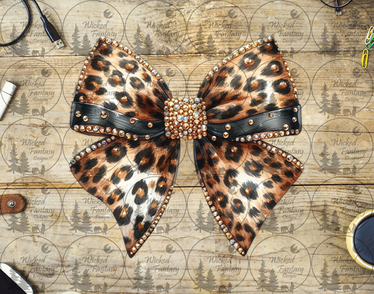 UVDTF Jeweled Leopard Print Bow with Black Ribbons