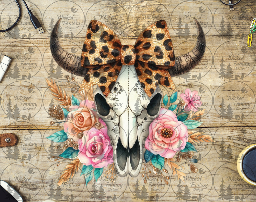 UVDTF Cow Skull with Sparkling Leopard Print Bow and Pink Roses