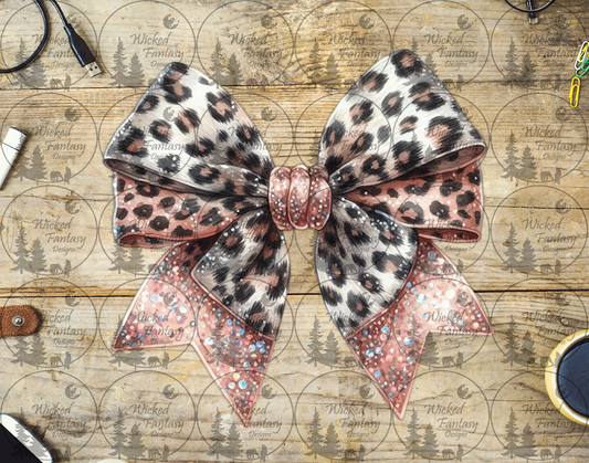 UVDTF Sparkling Leopard Print Bow with Pale Pink Ribbon