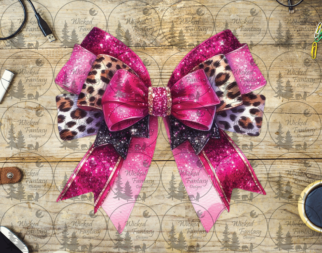 UVDTF Hot Pink Bow with Leopard Print Ribbons
