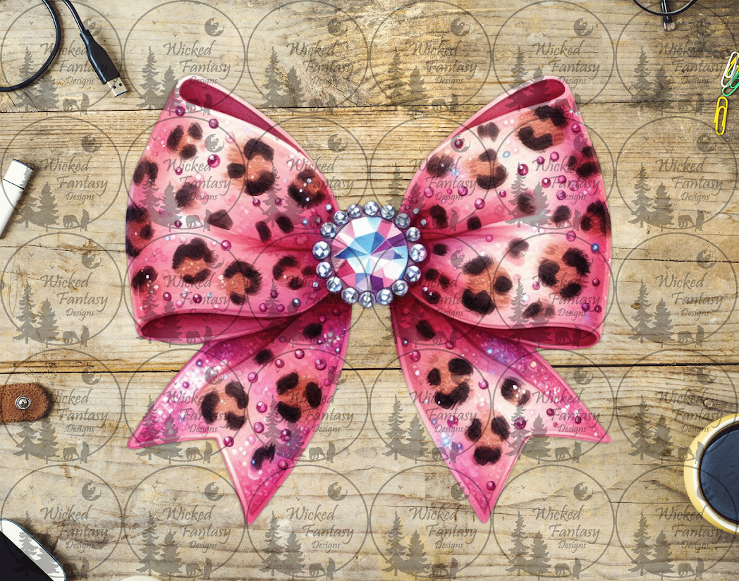 UVDTF Pink Bow with Leopard Print and Jewel