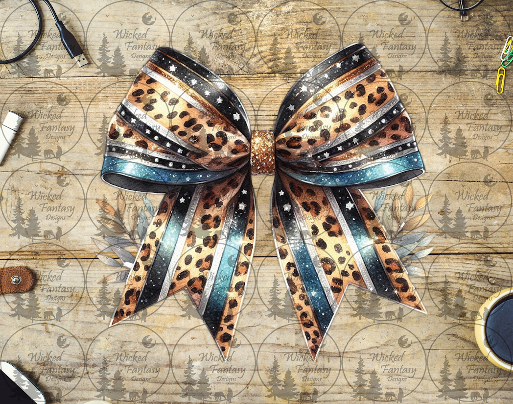 UVDTF Leopard Print Bow with Blue and Black Stripes