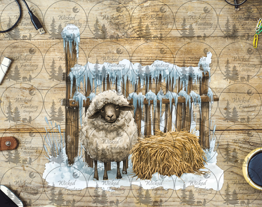 UVDTF Sheep Along a Snowy Fenceline