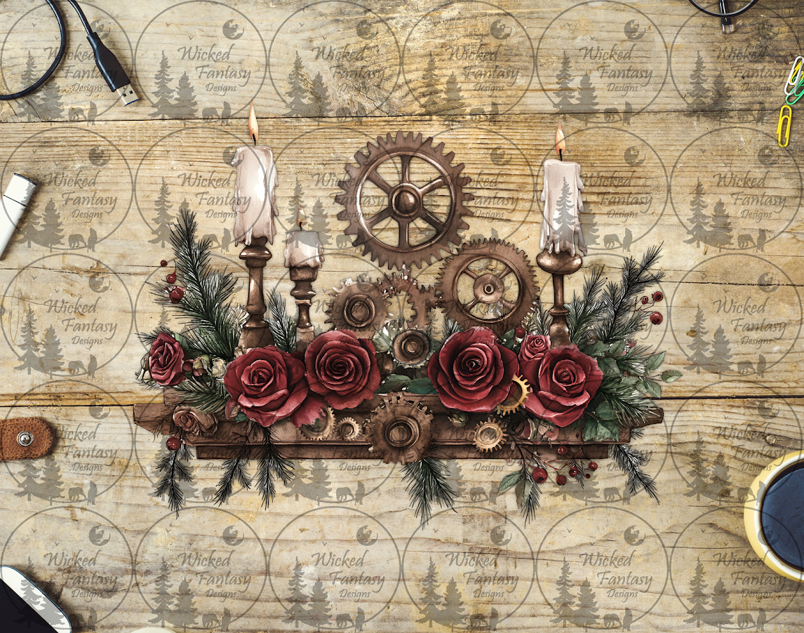 UVDTF Shelf with Candles Gears and Roses