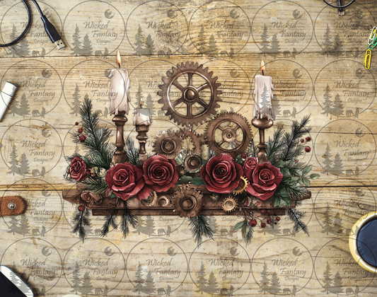 UVDTF Shelf with Candles Gears and Roses