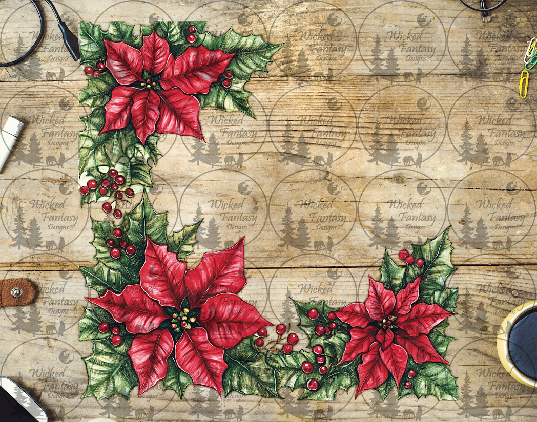 UVDTF Illustrated Red Poinsettias and Holly 20oz 30oz 10"x10"