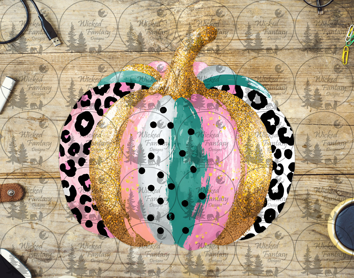 UVDTF Teal Gold and Pink Colorful Grunge Leopard Print Pumpkin