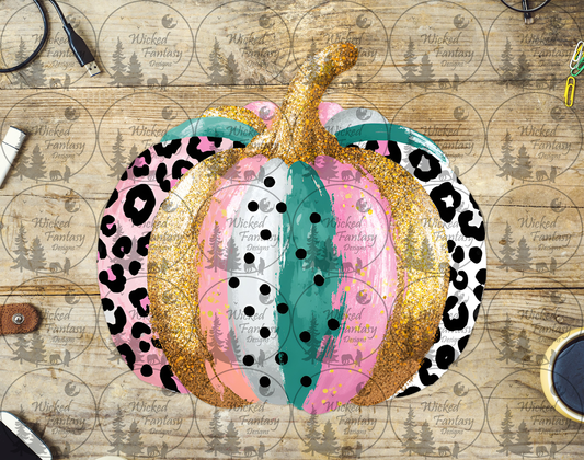 UVDTF Teal Gold and Pink Colorful Grunge Leopard Print Pumpkin