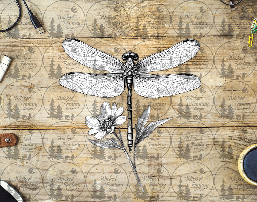 UVDTF Black and White Dragonfly