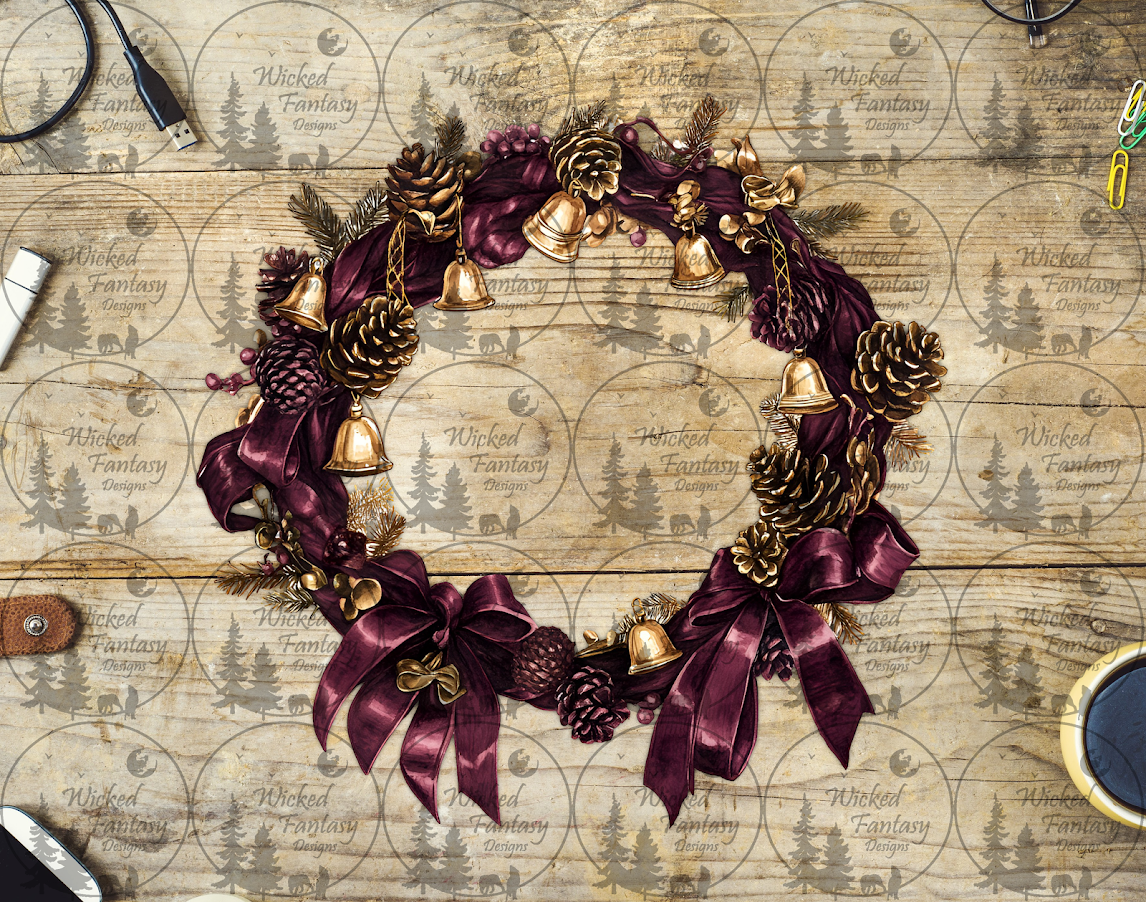 UVDTF Burgundy Wreath with Pinecones