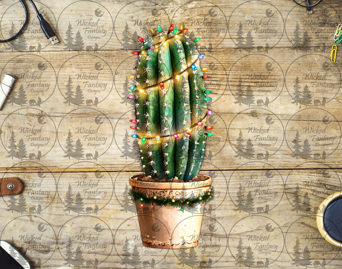 UVDTF Cactus Wrapped in Christmas Lights and Wreath
