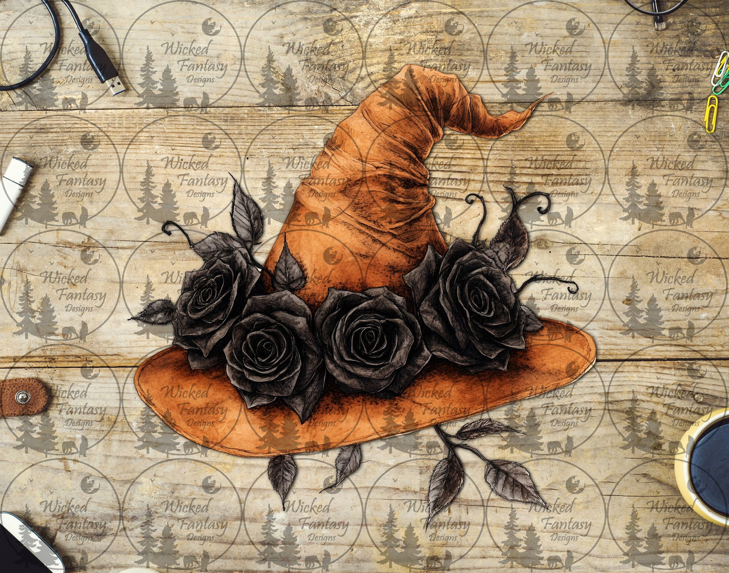 UVDTF Orange Witch Hat with Roses