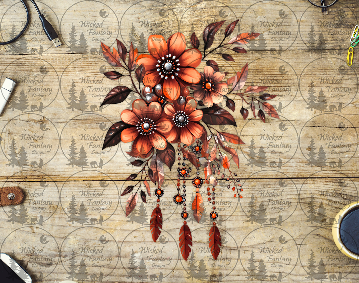 UVDTF Rust Flowers with Beads and Feathers