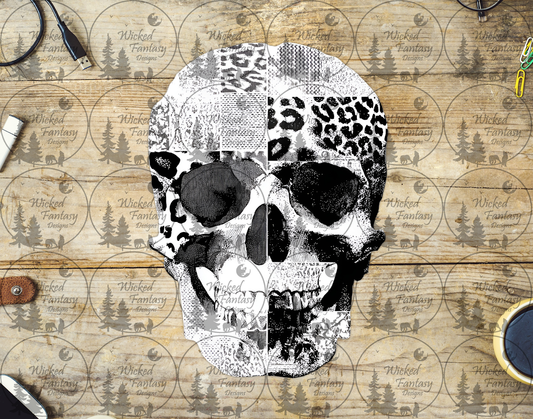 UVDTF Black and White Patchwork Leopard Skull
