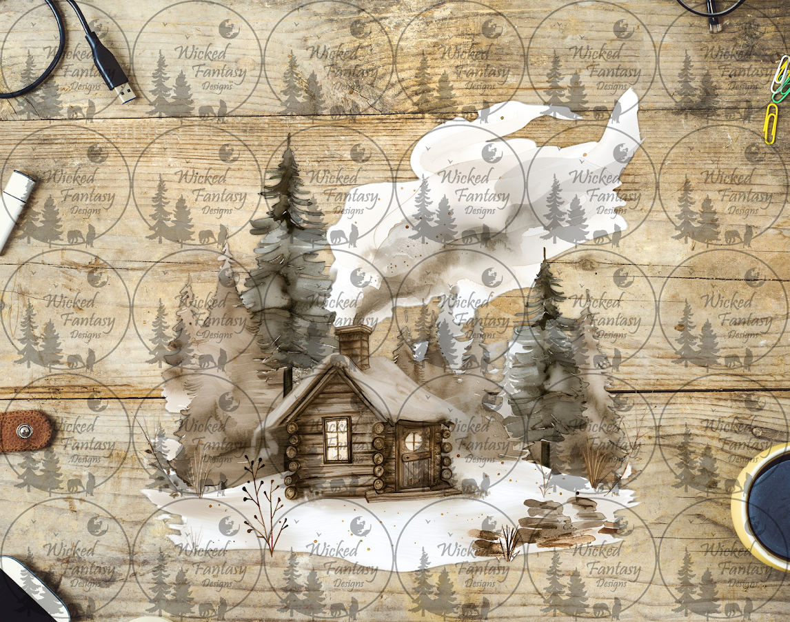 UVDTF Log Cabin in Snow Covered Forest