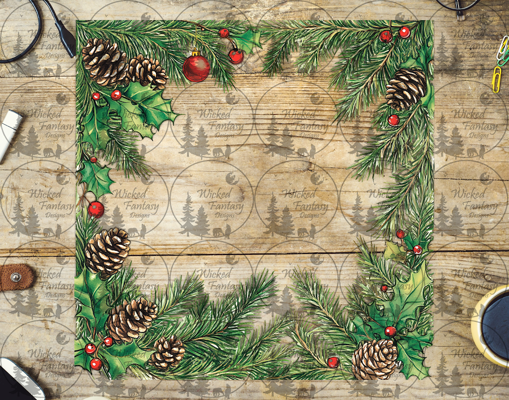 UVDTF Illustrated Pine Boughs and Holly 20oz 30oz 10"x10"