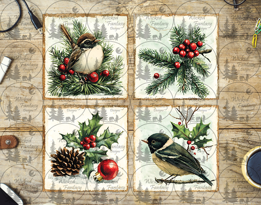 UVDTF Winter Tiles with Birds and Holly