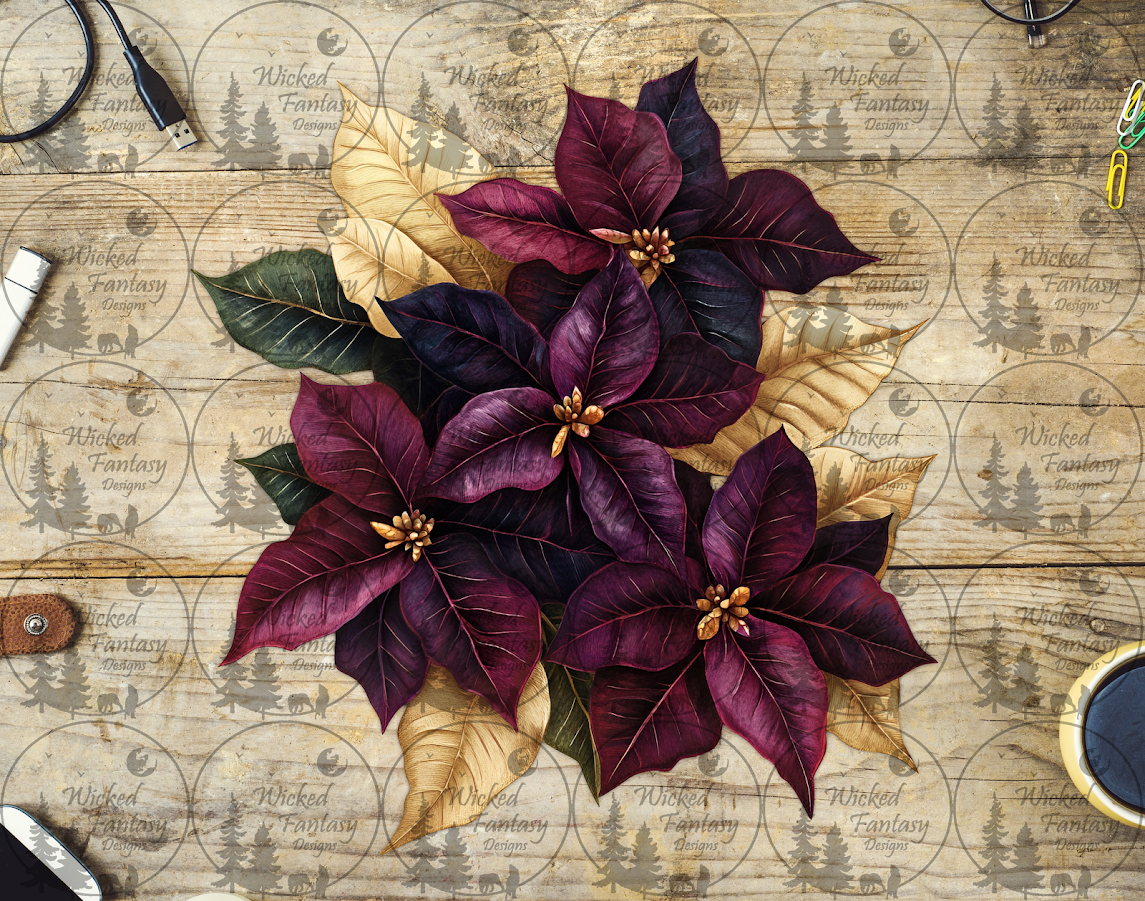 UVDTF Burgundy Poinsettia with Golden Leaves – Wicked Fantasy Designs