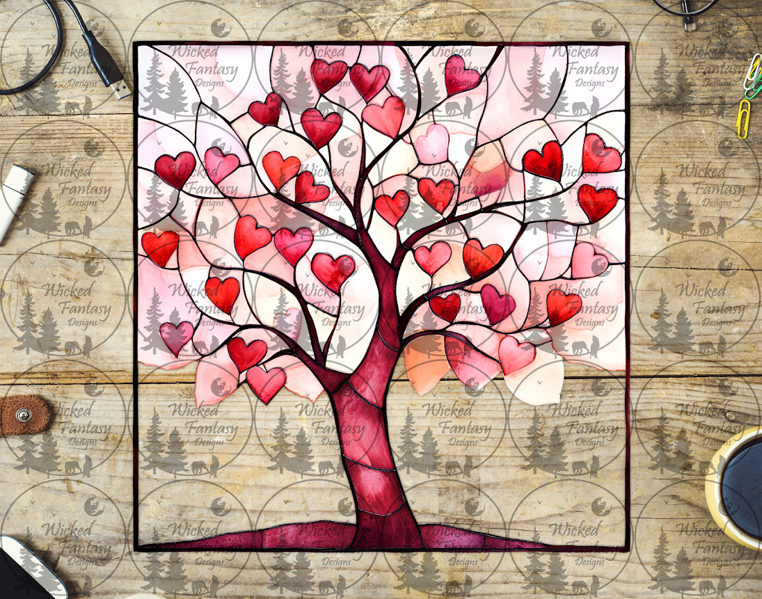 UVDTF Faux Stained Glass Pink Tree of Hearts