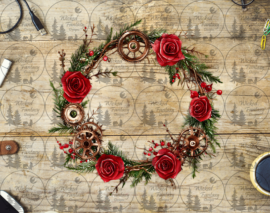 UVDTF Red Roses and Gears Steampunk Wreath