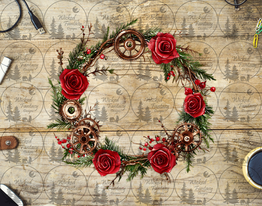UVDTF Red Roses and Gears Steampunk Wreath