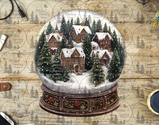 UVDTF Snow Globe with Houses and Wooden Pedestal