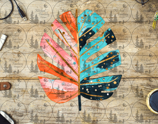 UVDTF Orange Pink and Teal Monstera Leaf