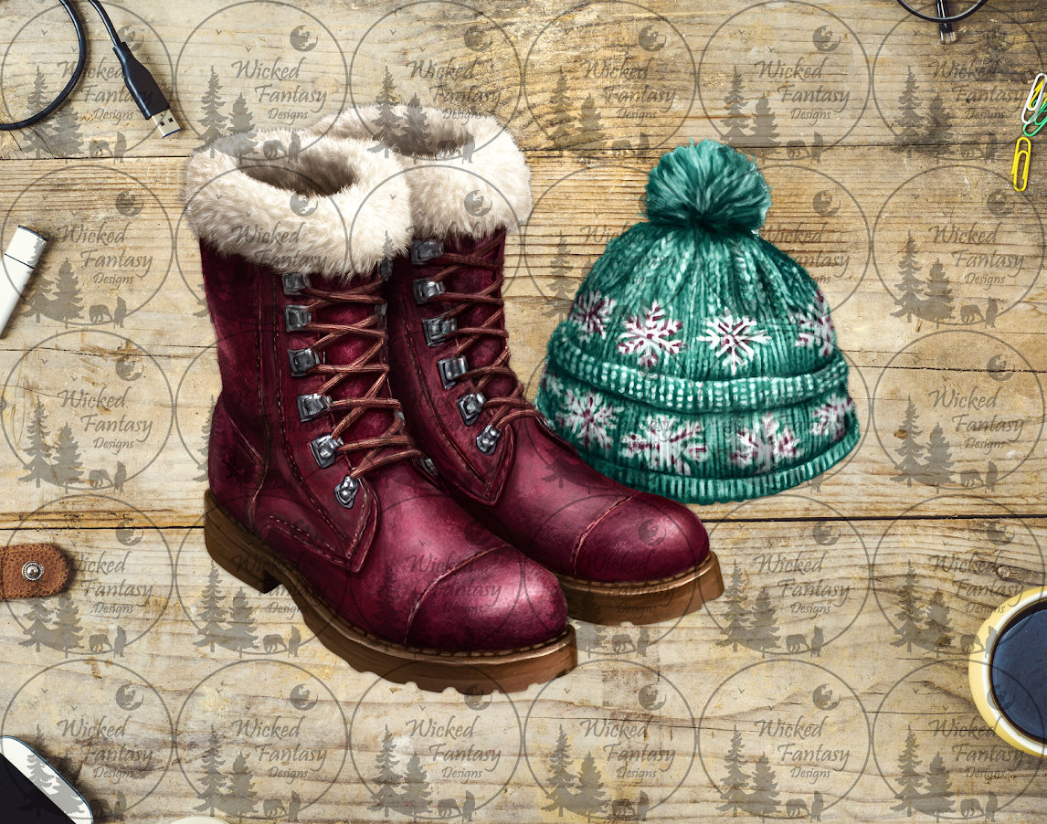UVDTF Burgundy Lace Up Boots and Mint Beanie