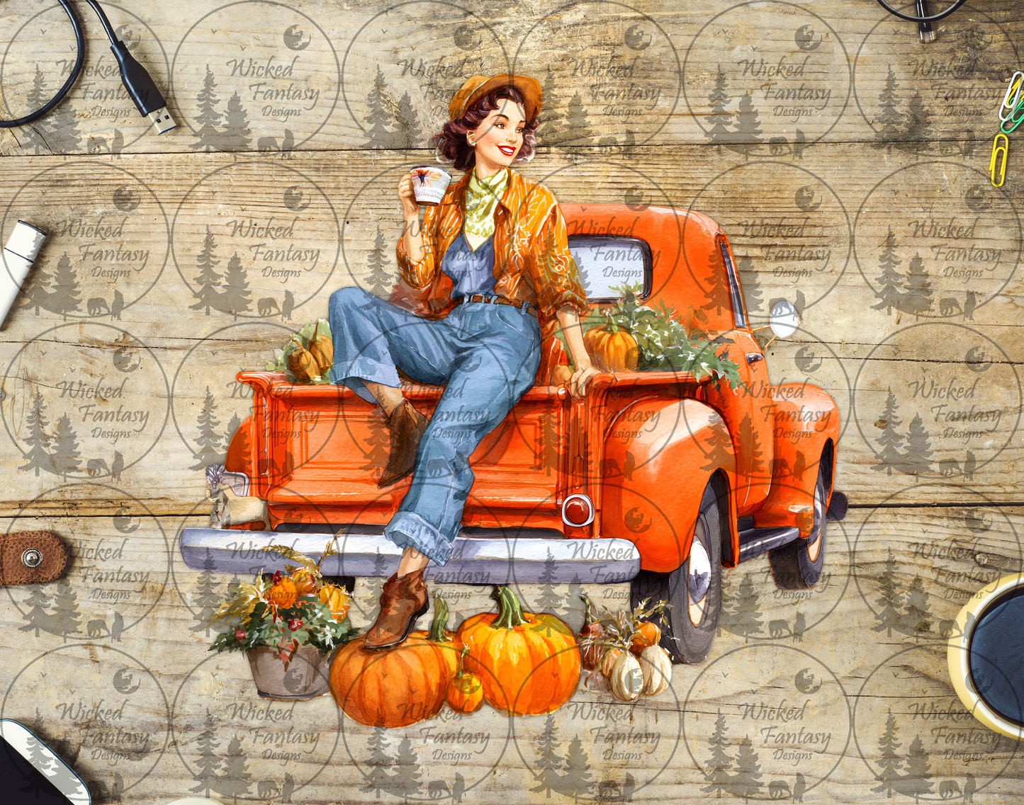 UVDTF Vintage Orange Truck Woman Drinking Coffee