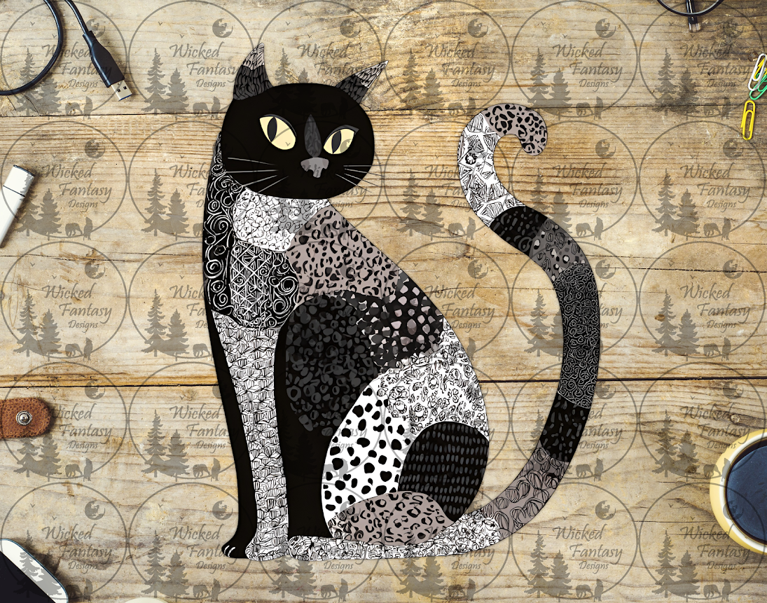 UVDTF Patchwork Cat Pensively Sitting