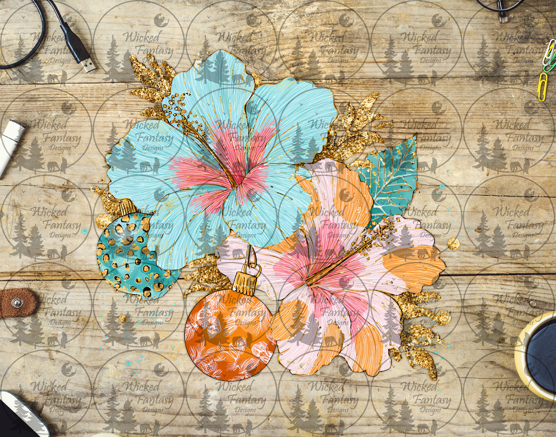 UVDTF Teal and Pink Hibiscus Flowers with Bulbs