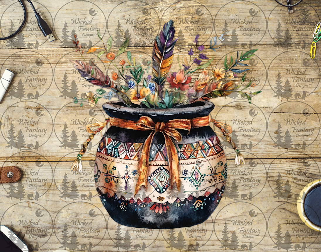 UVDTF Aztec Ceramic Pot with Floral Arrangement